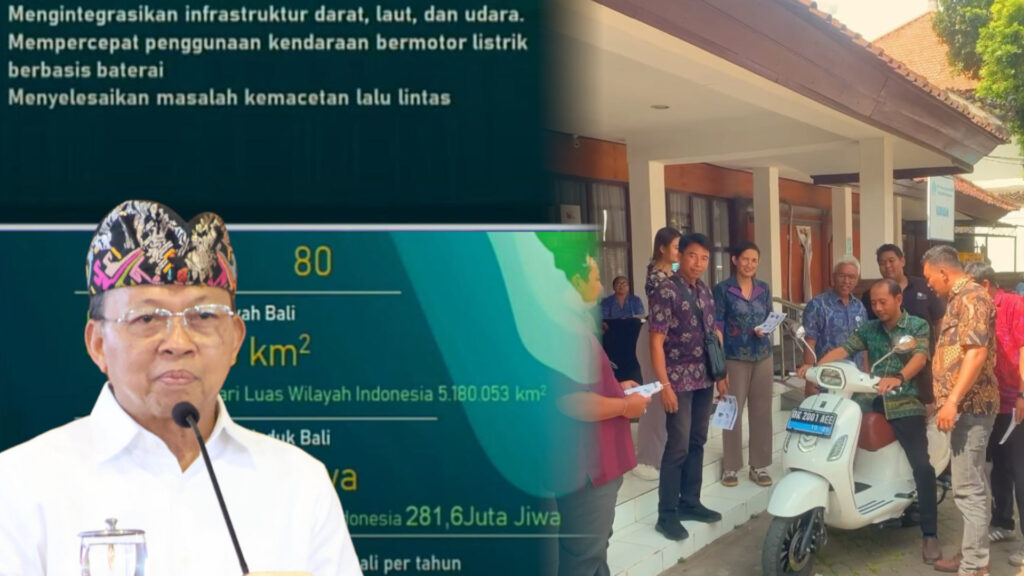 Kolase gambar yang menampilkan Gubernur Bali, Wayan Koster, sedang berpidato pada Rapat Paripurna ke-9 DPRD Provinsi Bali Masa Persidangan II Tahun 2024-2025. Bagian kiri gambar menunjukkan slide presentasi yang membahas kebijakan percepatan penggunaan kendaraan bermotor listrik berbasis baterai serta pengintegrasian infrastruktur darat, laut, dan udara. Bagian kanan menampilkan pimpinan dan staf UPTD Denpasar sedang mencoba motor listrik dari Sentrik Bali, mendukung inisiatif percepatan kendaraan listrik di Bali.